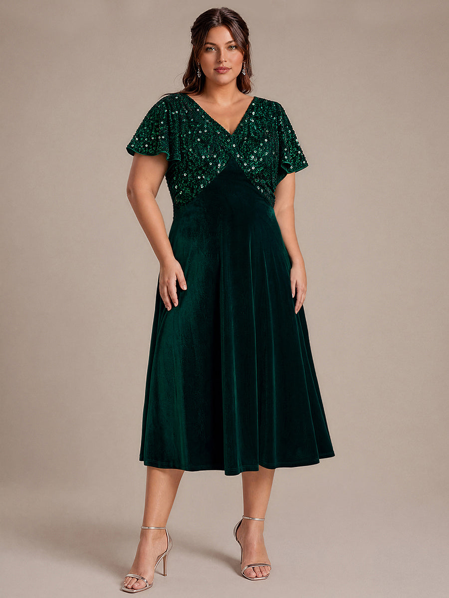 Plus Size Sequin Velvet Wedding Guest Dress #color_Dark Green
