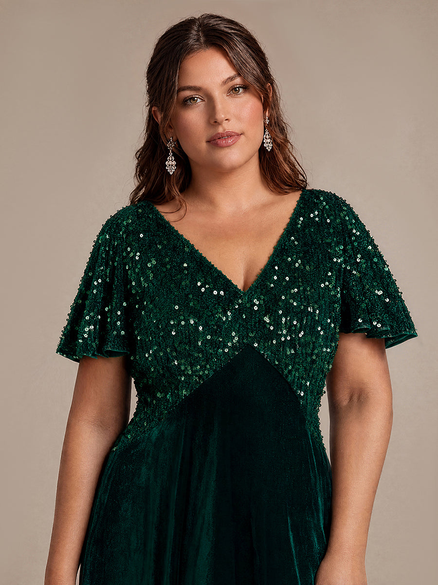 Plus Size Sequin Velvet Wedding Guest Dress #color_Dark Green