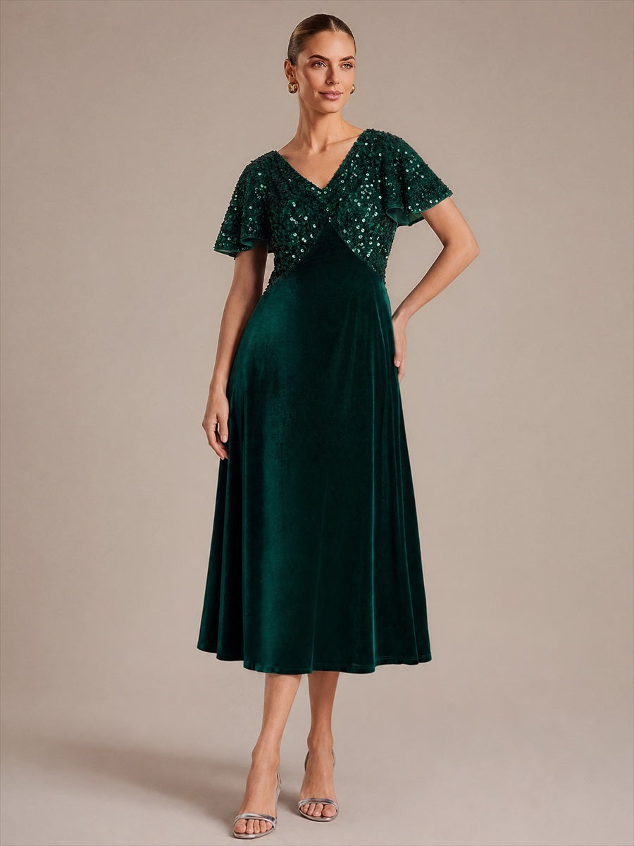 Sequin Velvet Ruffle Sleeve Wedding Guest Dress #color_Dark Green