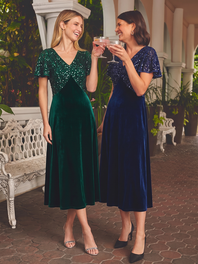Sequin Velvet Ruffle Sleeve Wedding Guest Dress Fan Photos 1
