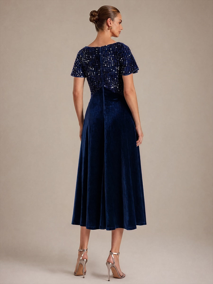 Sequin Velvet Ruffle Sleeve Wedding Guest Dress #color_Navy Blue
