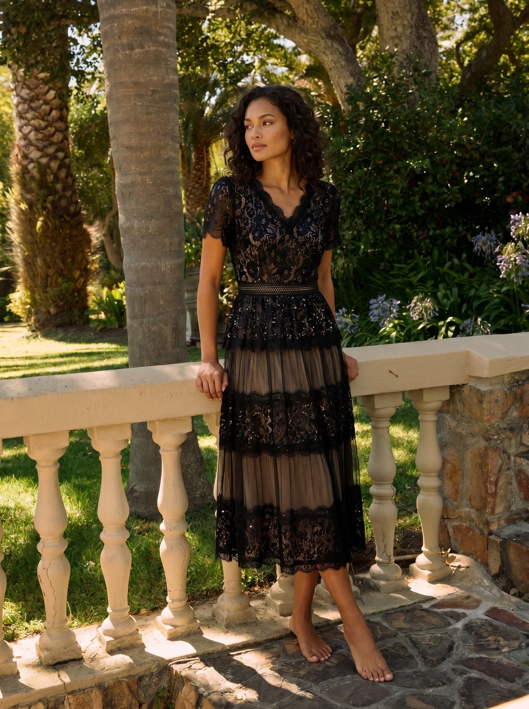 Lace Ruffle Sleeve A-Line Wedding Guest Dress #color_Black