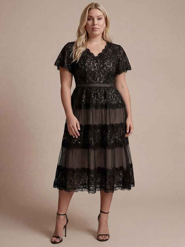 Plus Size Tiered Tulle Lace Wedding Guest Dress