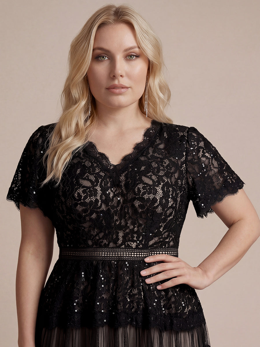 Plus Size Tiered Tulle Lace Wedding Guest Dress #color_Black