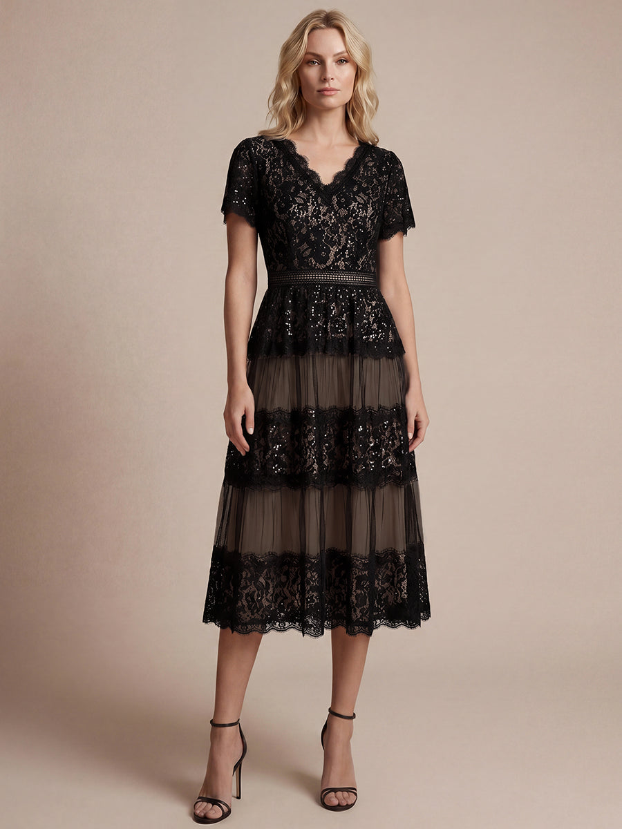 Lace Ruffle Sleeve A-Line Wedding Guest Dress #color_Black