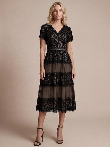 Ever-Pretty Sequin Lace Midi Cocktail Dress with Short Sleeves