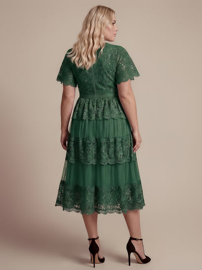 Plus Size Tiered Tulle Lace Wedding Guest Dress #color_Dark Green