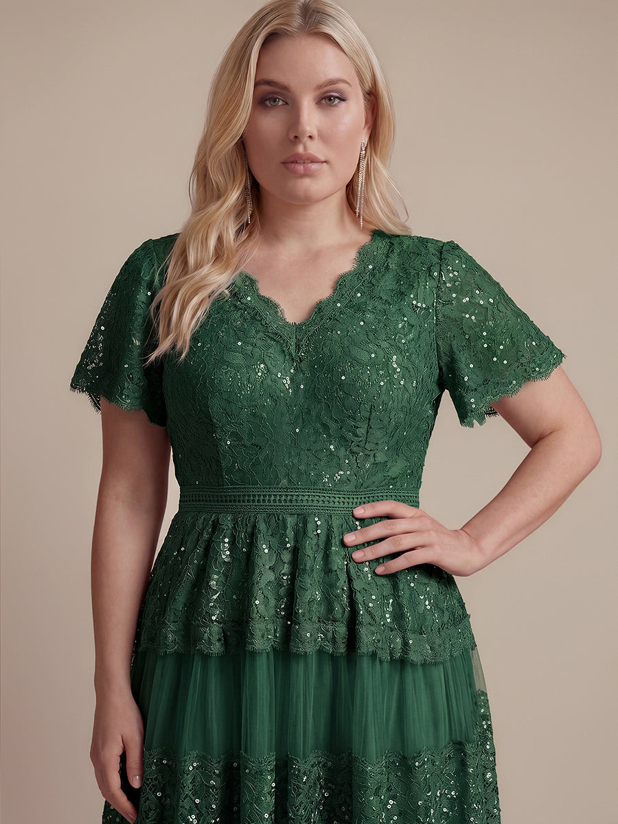 Lace Ruffle Sleeve A-Line Wedding Guest Dress #color_Dark Green