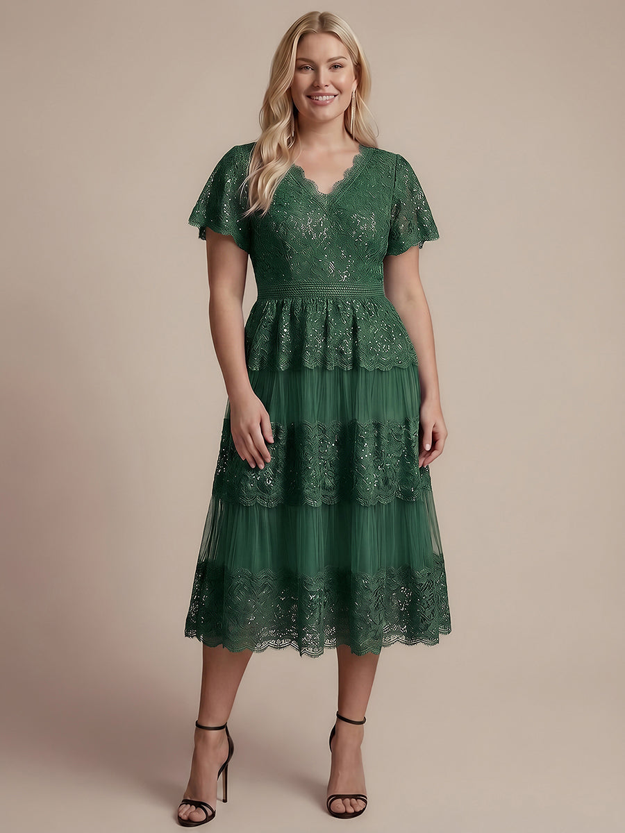 Plus Size Tiered Tulle Lace Wedding Guest Dress #color_Dark Green