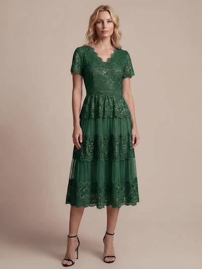 Lace Ruffle Sleeve A-Line Wedding Guest Dress