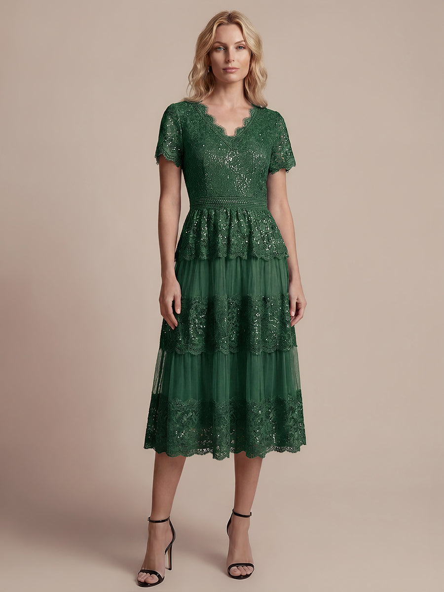 Lace Ruffle Sleeve A-Line Wedding Guest Dress #color_Dark Green