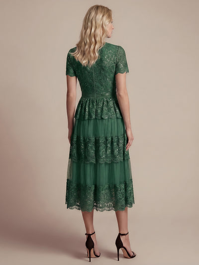 Lace Ruffle Sleeve A-Line Wedding Guest Dress #color_Dark Green