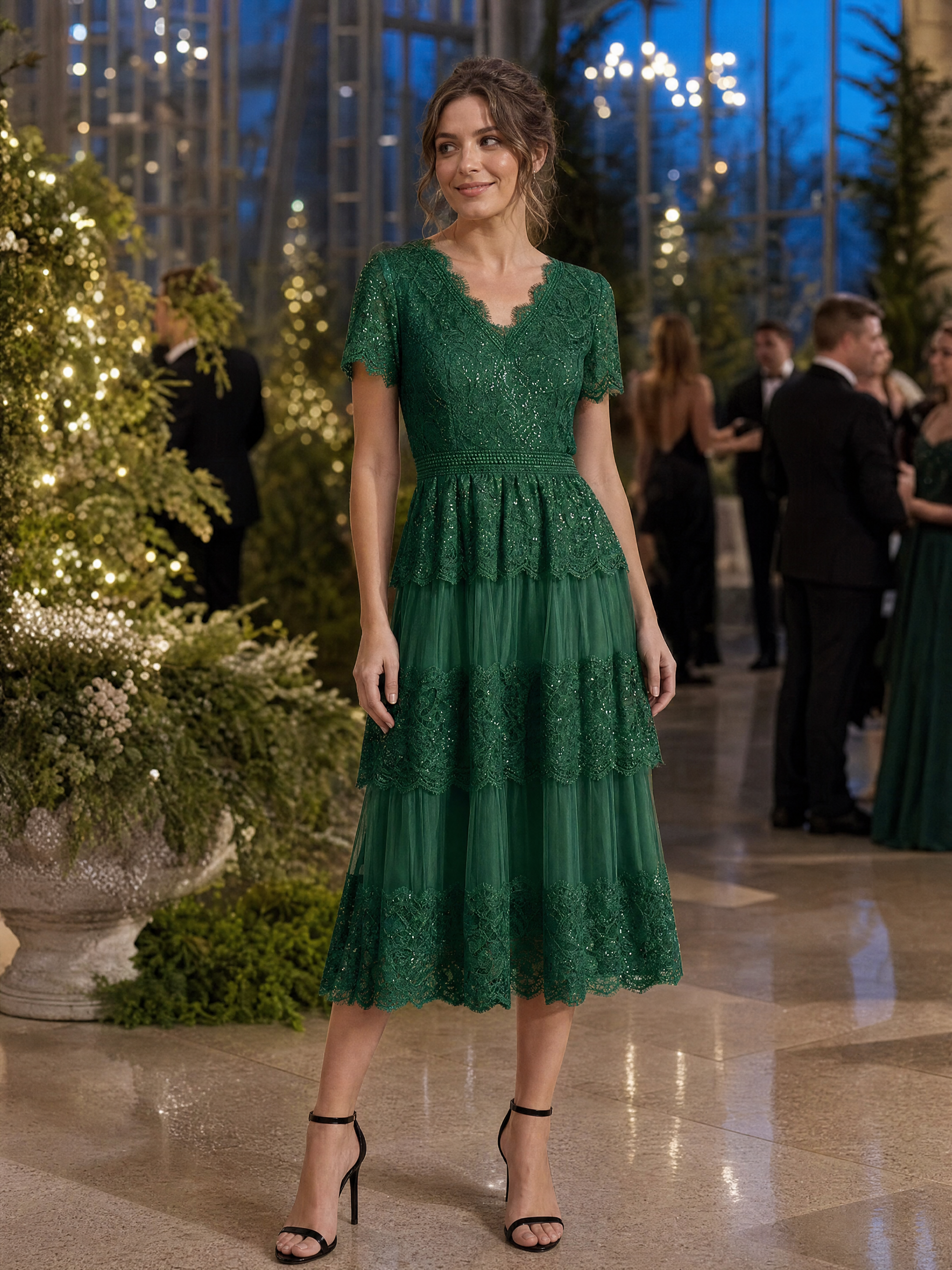 Lace Ruffle Sleeve A-Line Wedding Guest Dress #color_Dark Green