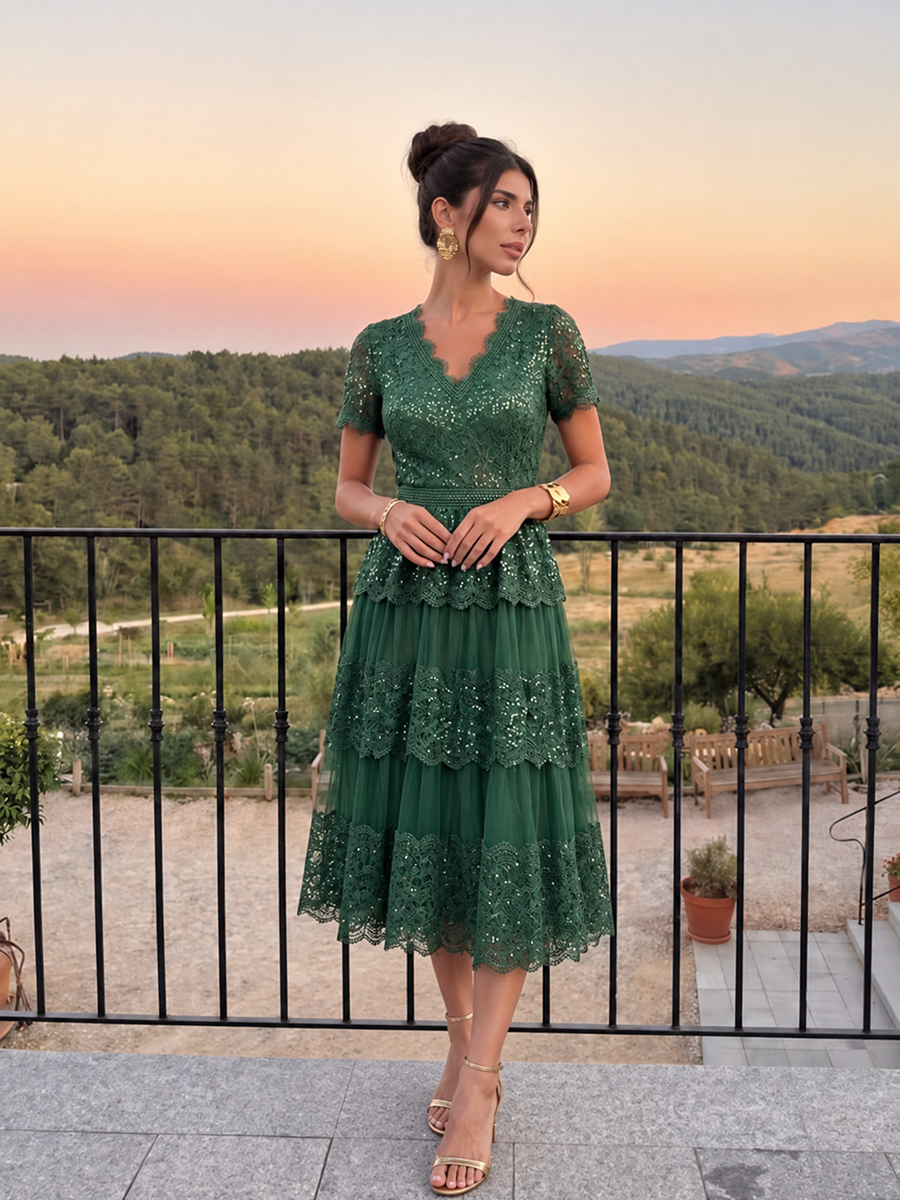 Lace Ruffle Sleeve A-Line Wedding Guest Dress #color_Dark Green
