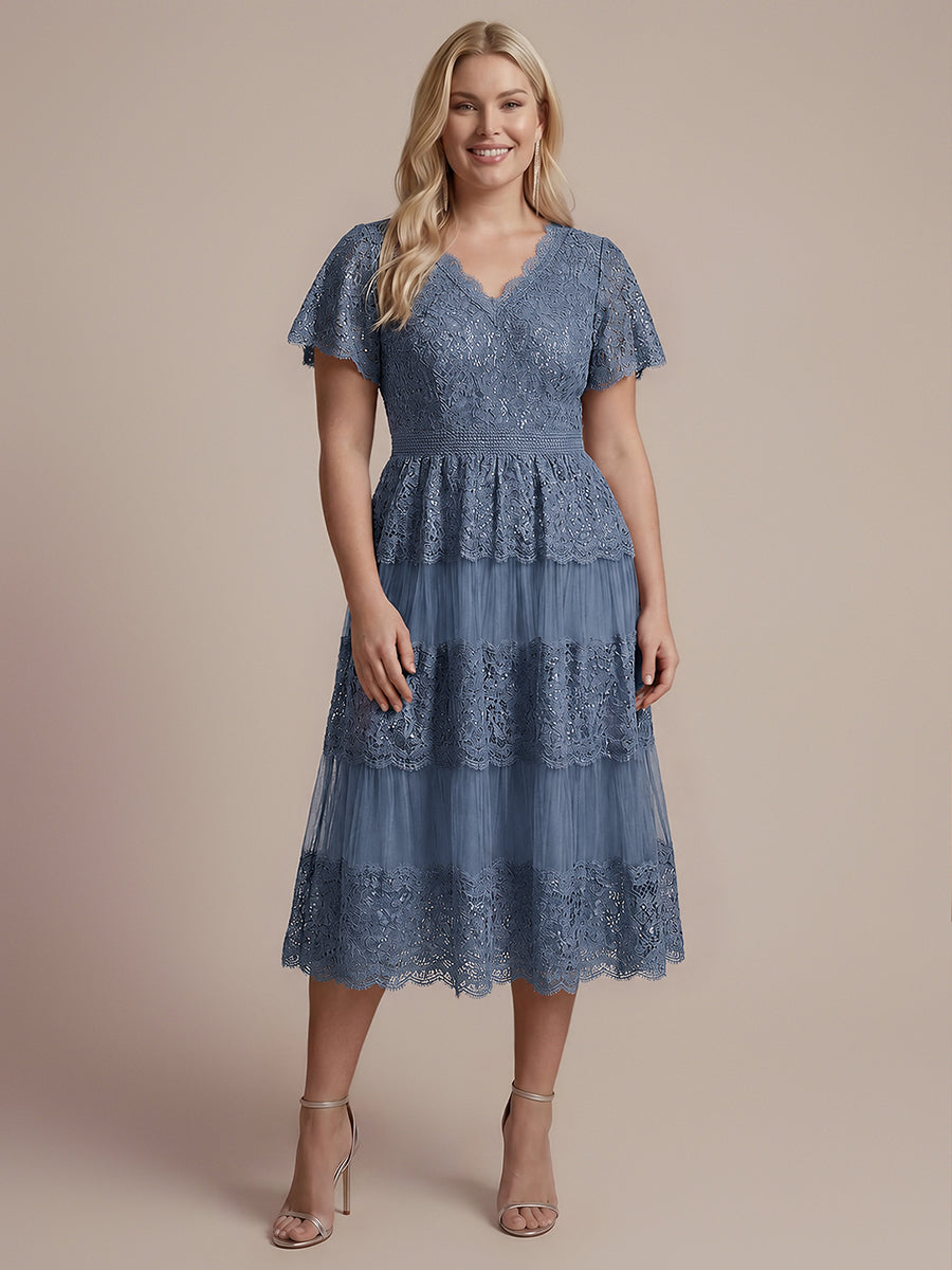 Lace Ruffle Sleeve A-Line Wedding Guest Dress #color_Dusty Blue