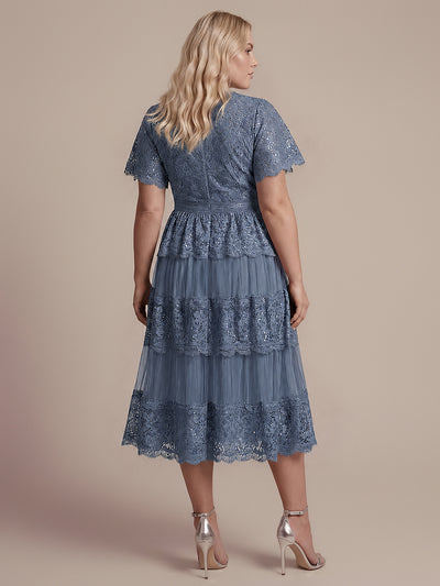 Plus Size Tiered Tulle Lace Wedding Guest Dress #color_Dusty Blue