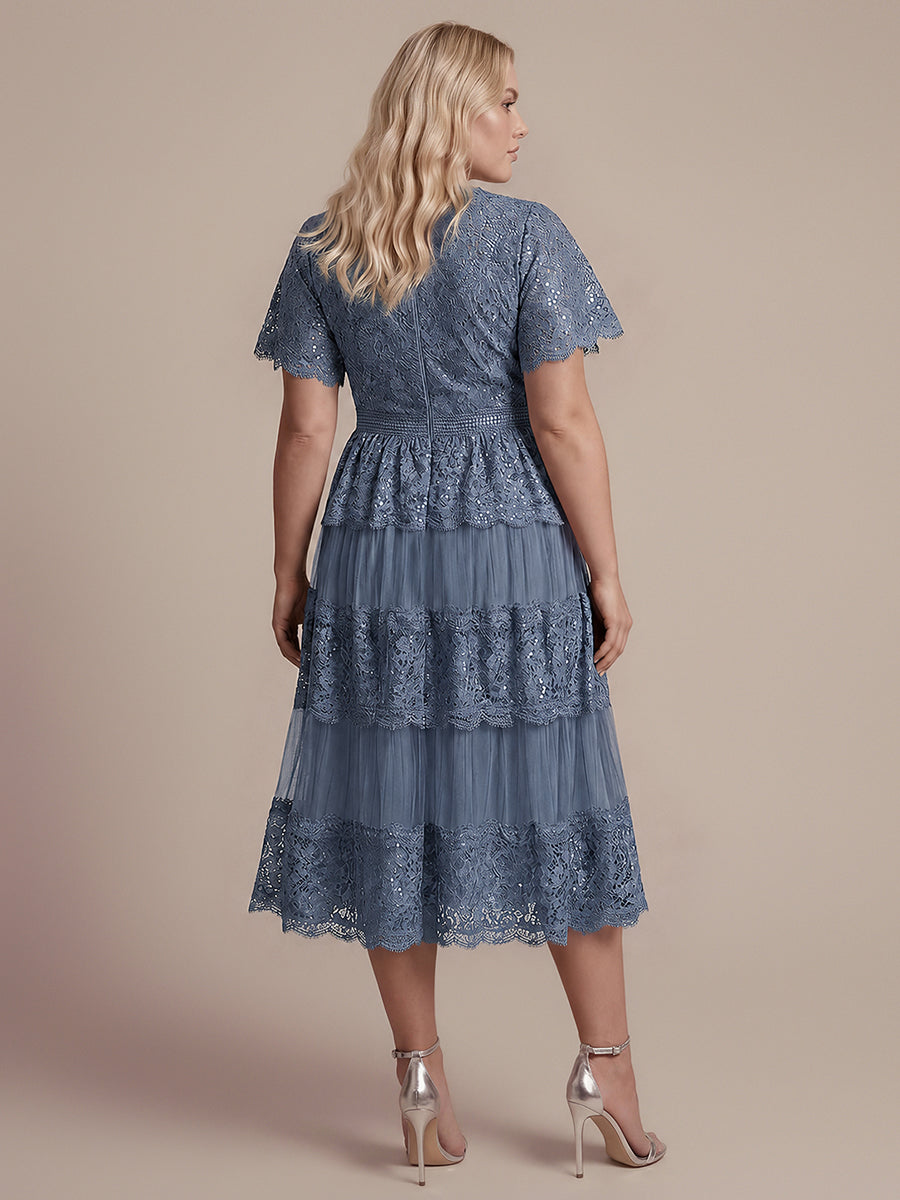 Plus Size Tiered Tulle Lace Wedding Guest Dress #color_Dusty Blue