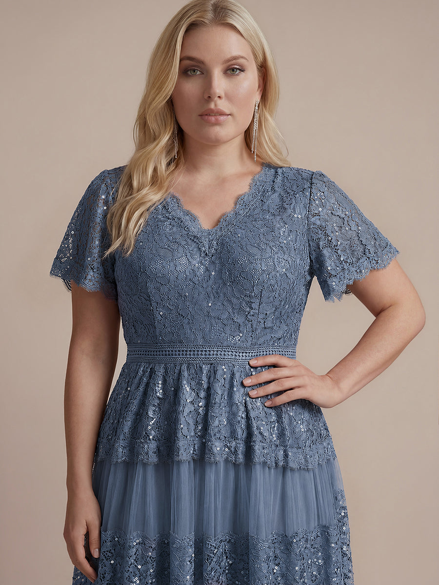 Lace Ruffle Sleeve A-Line Wedding Guest Dress #color_Dusty Blue