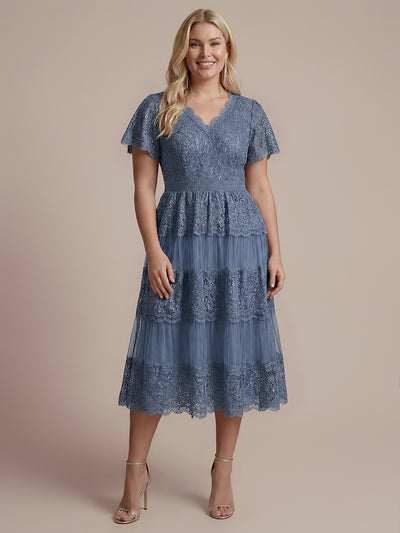 Plus Size Tiered Tulle Lace Wedding Guest Dress