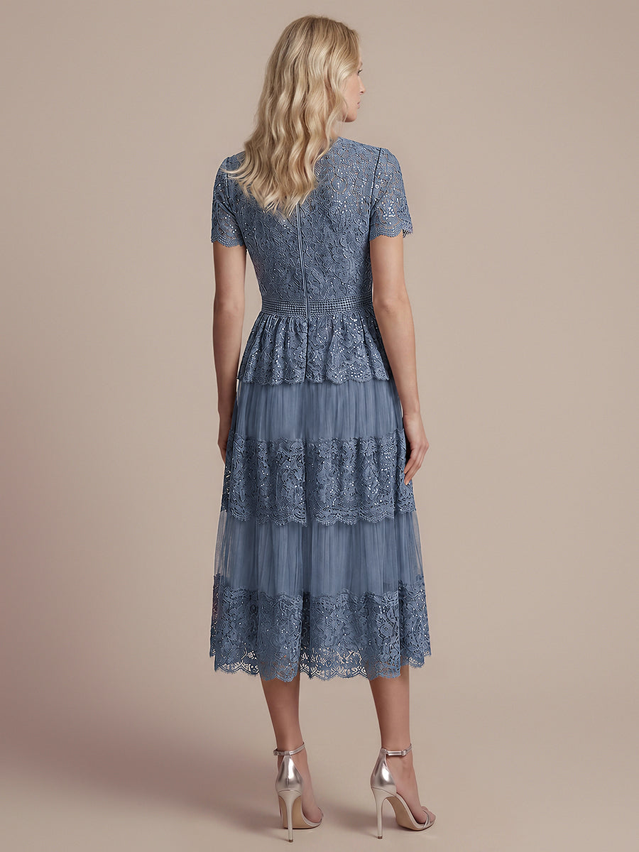 Lace Ruffle Sleeve A-Line Wedding Guest Dress #color_Dusty Blue