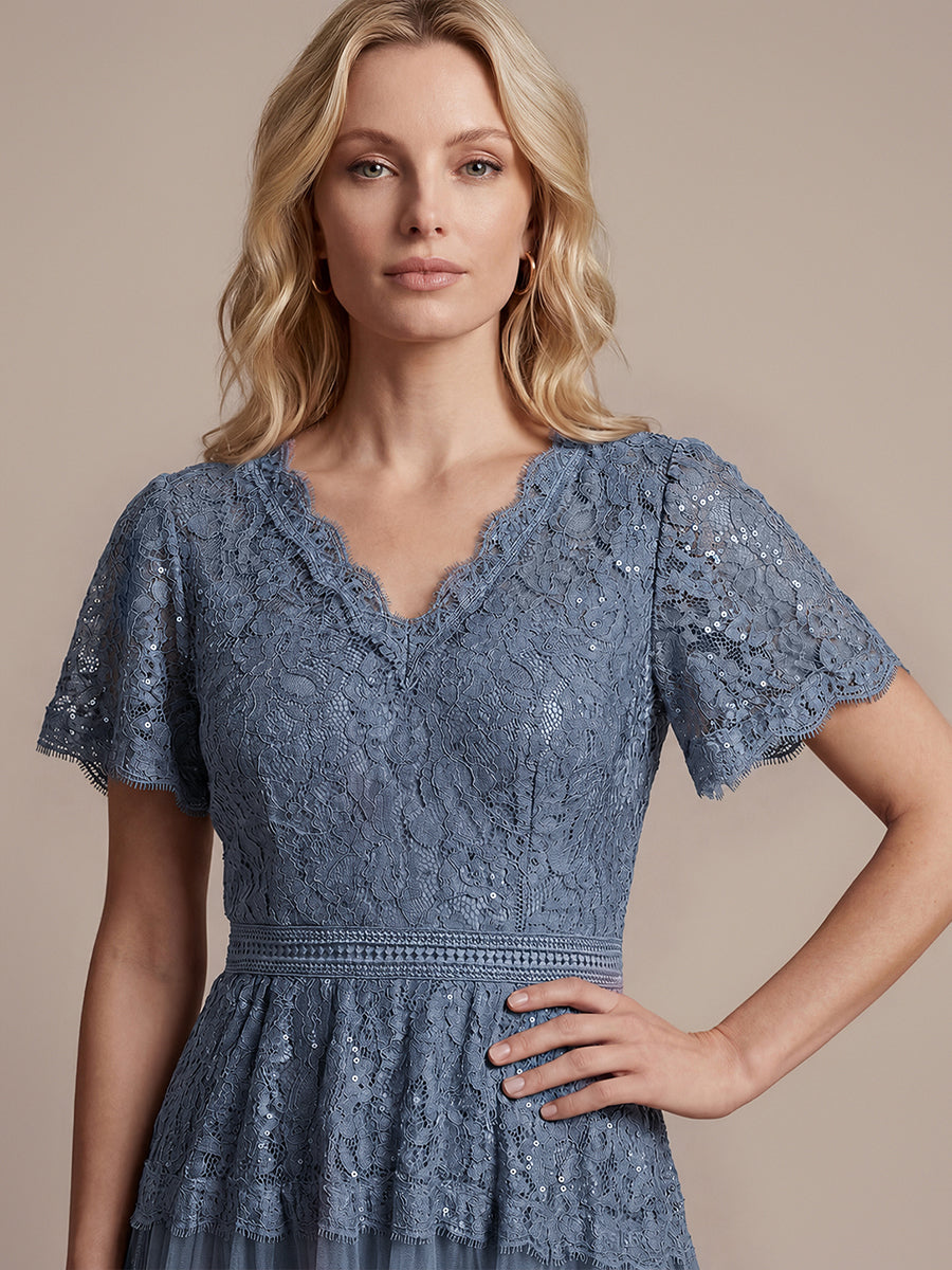 Lace Ruffle Sleeve A-Line Wedding Guest Dress #color_Dusty Blue