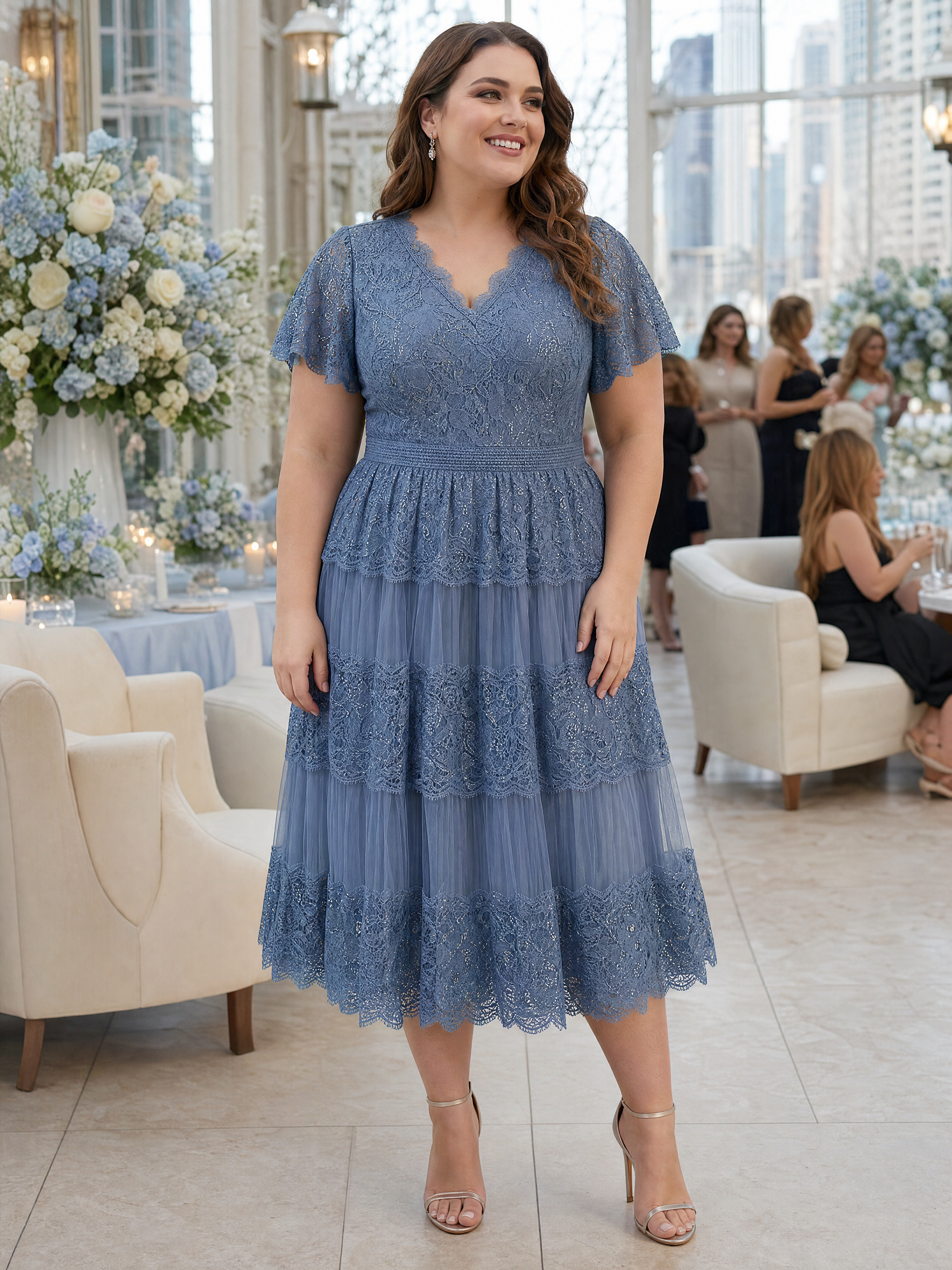Lace Ruffle Sleeve A-Line Wedding Guest Dress #color_Dusty Blue