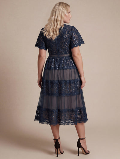 Plus Size Tiered Tulle Lace Wedding Guest Dress #color_Navy Blue