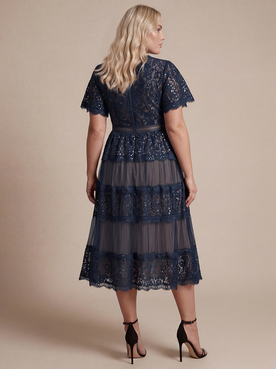 Ever-Pretty Sequin Lace Midi Cocktail Dress with Short Sleeves