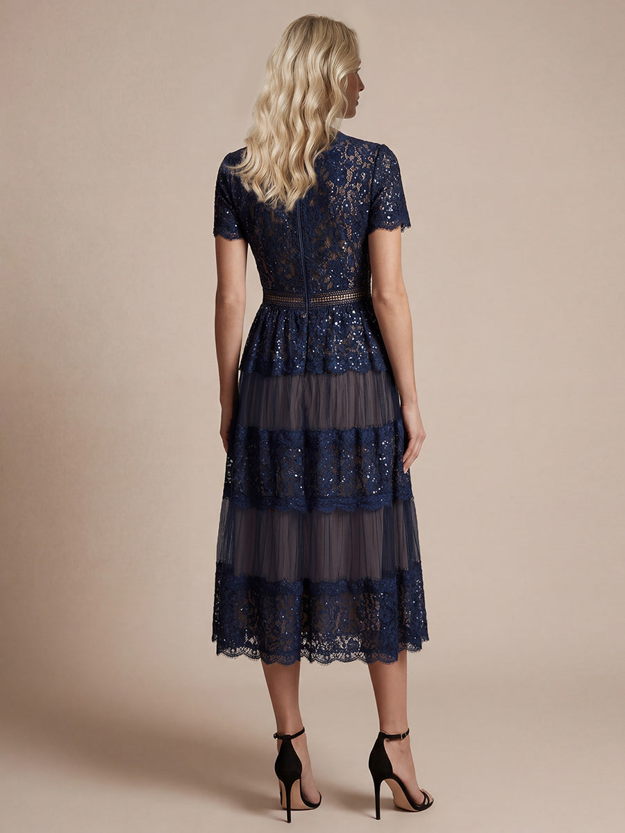 Ever-Pretty Sequin Lace Midi Cocktail Dress with Short Sleeves