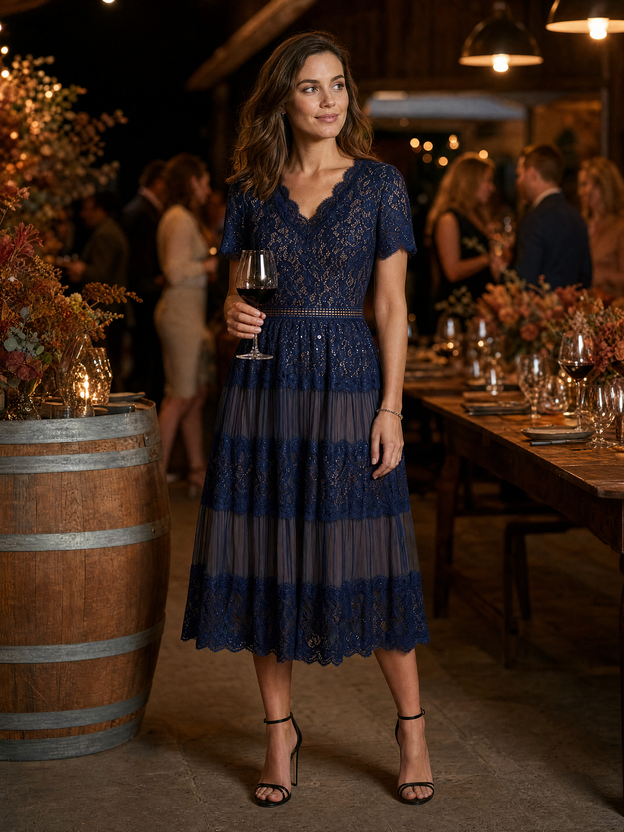Lace Ruffle Sleeve A-Line Wedding Guest Dress #color_Navy Blue