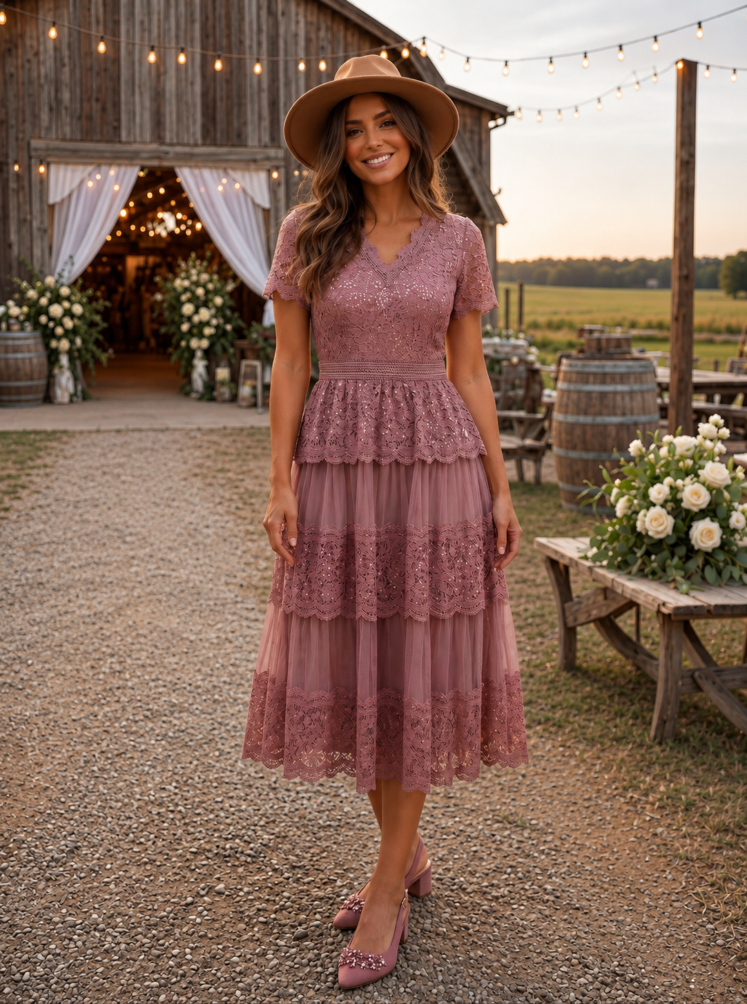 Lace Ruffle Sleeve A-Line Wedding Guest Dress #color_Purple Orchid