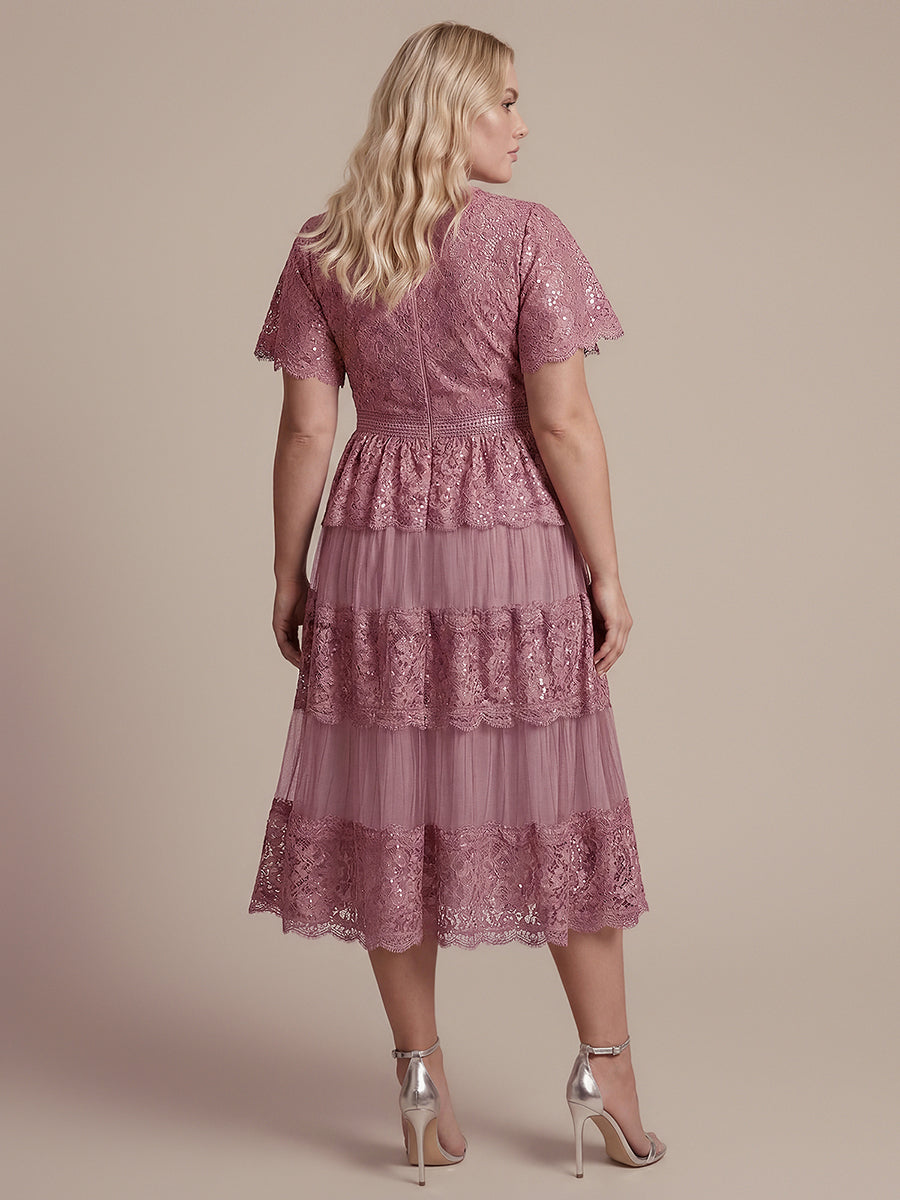 Plus Size Tiered Tulle Lace Wedding Guest Dress #color_Purple Orchid
