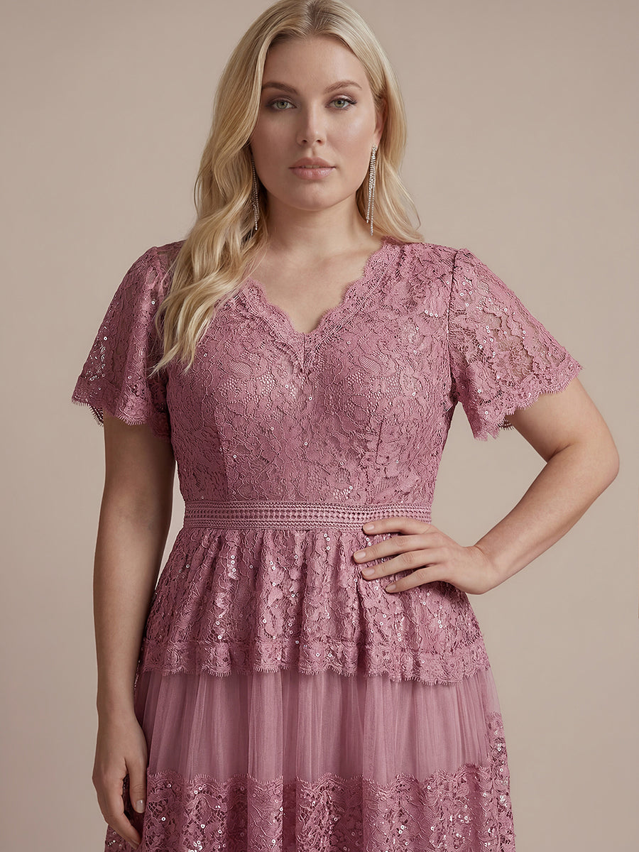 Lace Ruffle Sleeve A-Line Wedding Guest Dress #color_Purple Orchid