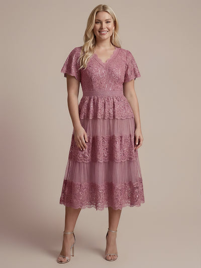 Plus Size Tiered Tulle Lace Wedding Guest Dress