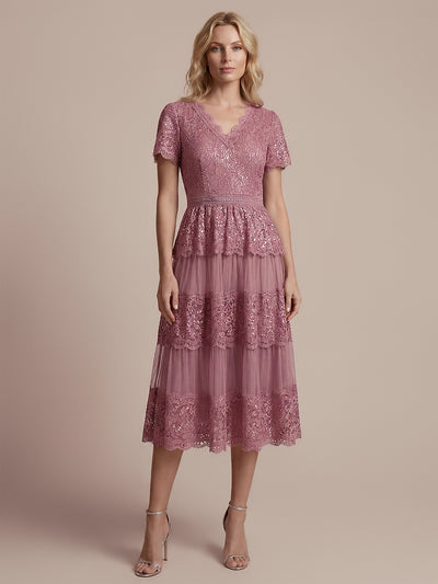 Lace Ruffle Sleeve A-Line Wedding Guest Dress