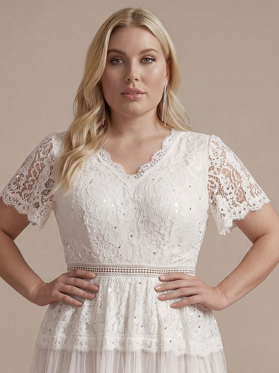 Plus Size Tiered Tulle Lace Wedding Guest Dress #color_White