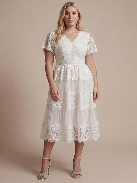 Ever-Pretty Sequin Lace Midi Cocktail Dress with Short Sleeves