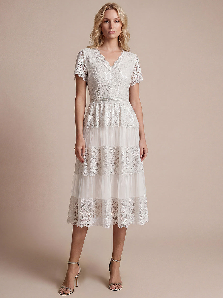 Lace Ruffle Sleeve A-Line Wedding Guest Dress #color_White