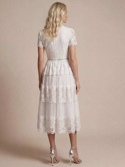 Lace Ruffle Sleeve A-Line Wedding Guest Dress #color_White