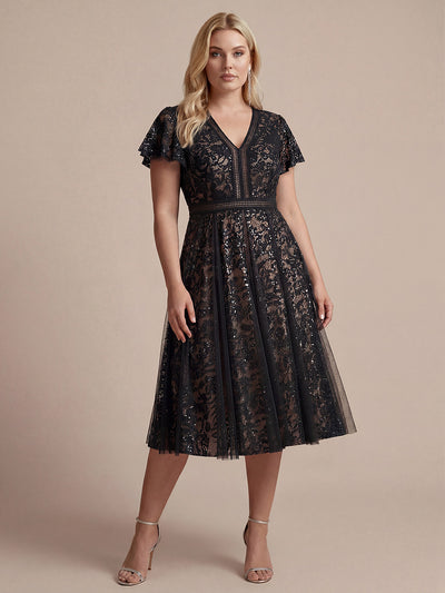 Plus Size Lace Ruffle Sleeve Wedding Guest Dress