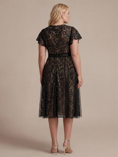 Plus Size Lace Ruffle Sleeve Wedding Guest Dress #color_Black