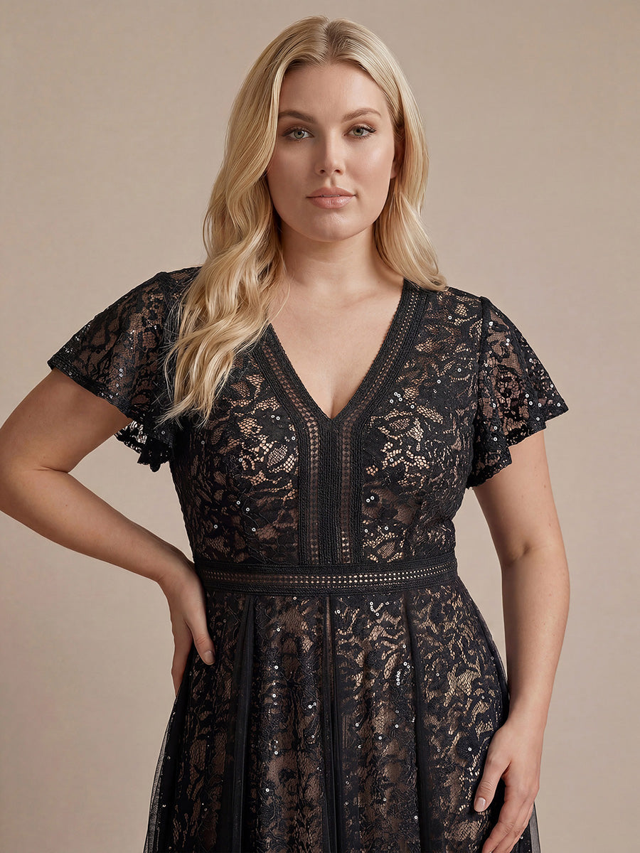 Plus Size Lace Ruffle Sleeve Wedding Guest Dress #color_Black
