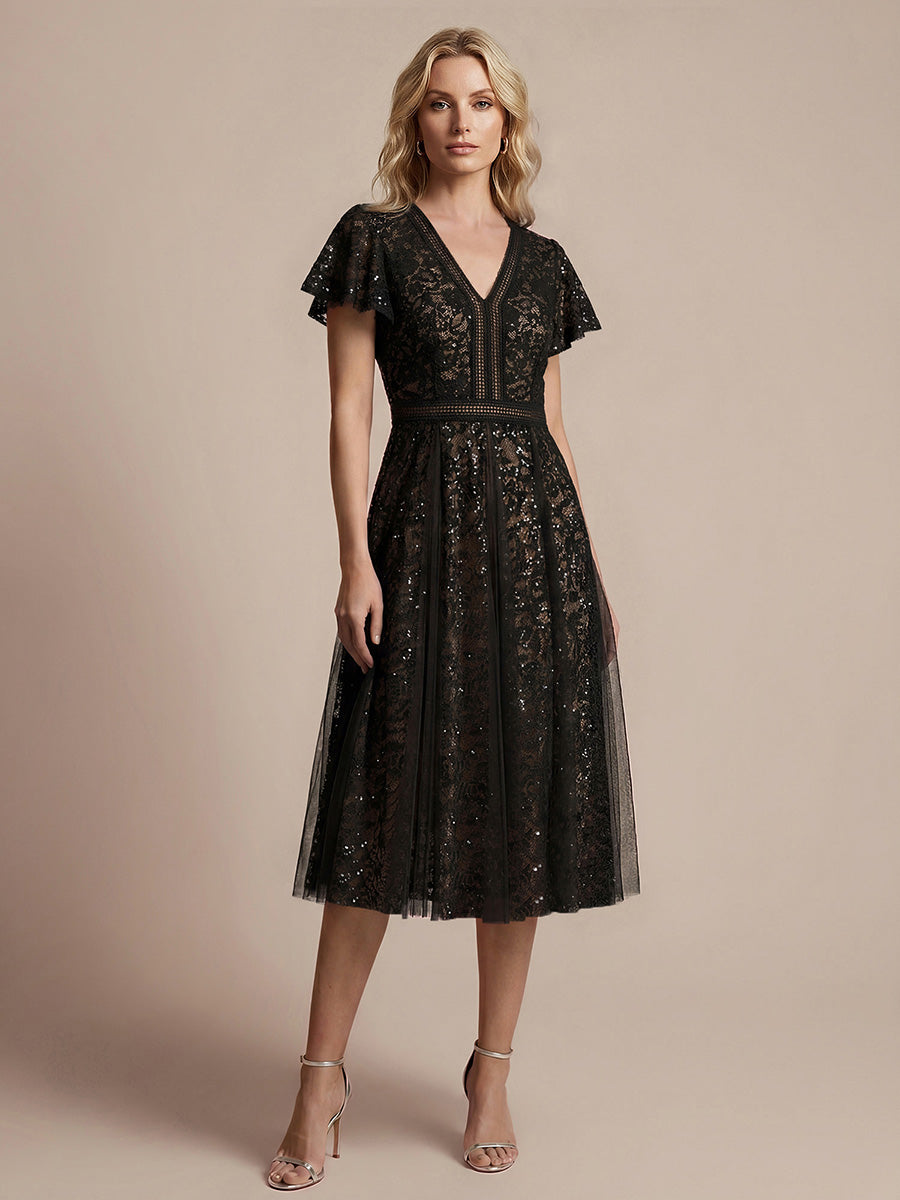 Ever-Pretty Lace V-Neck Midi Cocktail Dress with Flutter Sleeves