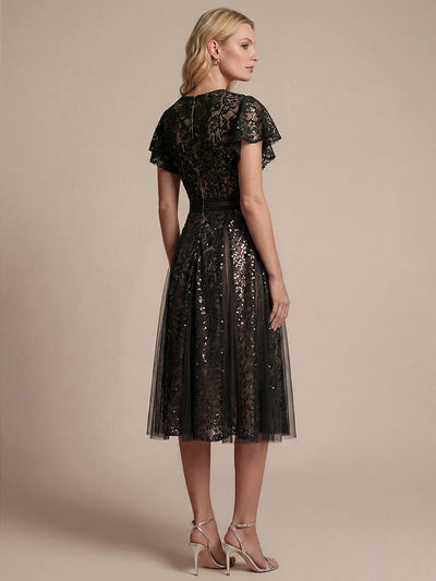 Lace Ruffle Sleeve A-Line Wedding Guest Dress #color_Black