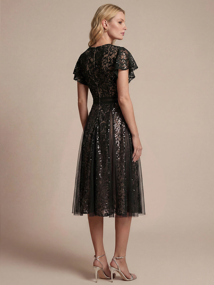 Ever-Pretty Lace V-Neck Midi Cocktail Dress with Flutter Sleeves