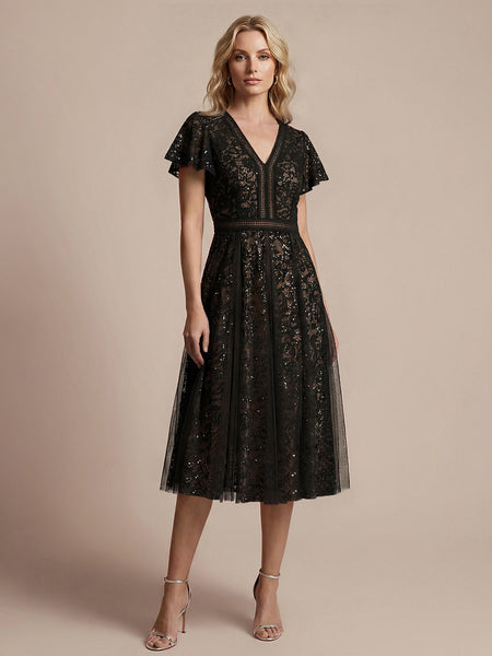 Ever-Pretty Lace V-Neck Midi Cocktail Dress with Flutter Sleeves