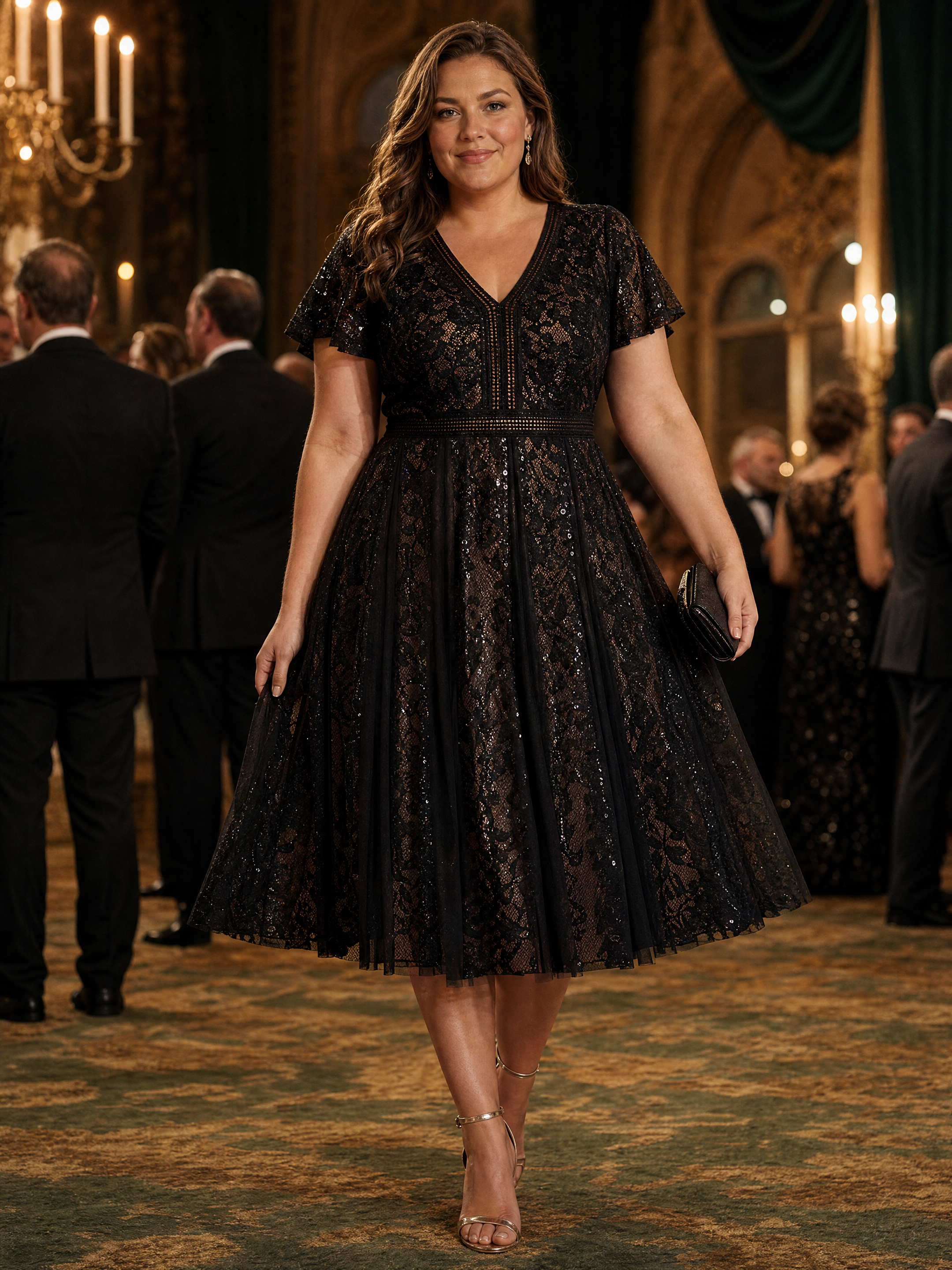 Lace Ruffle Sleeve A-Line Wedding Guest Dress #color_Black