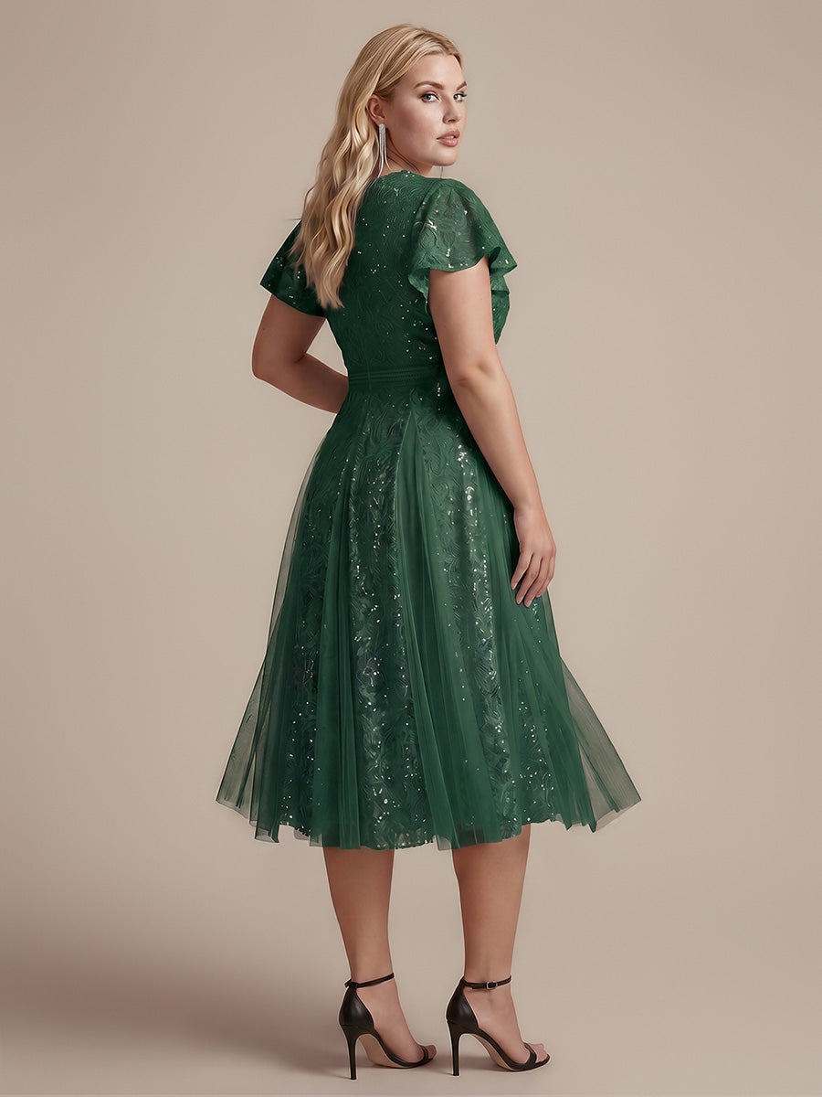 Plus Size Lace Ruffle Sleeve Wedding Guest Dress #color_Dark Green