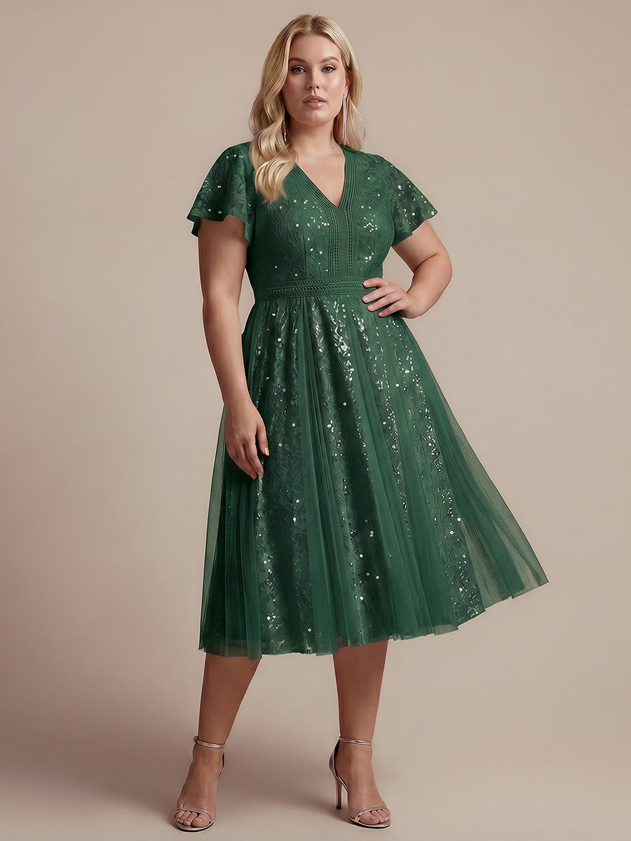 Plus Size Lace Ruffle Sleeve Wedding Guest Dress #color_Dark Green