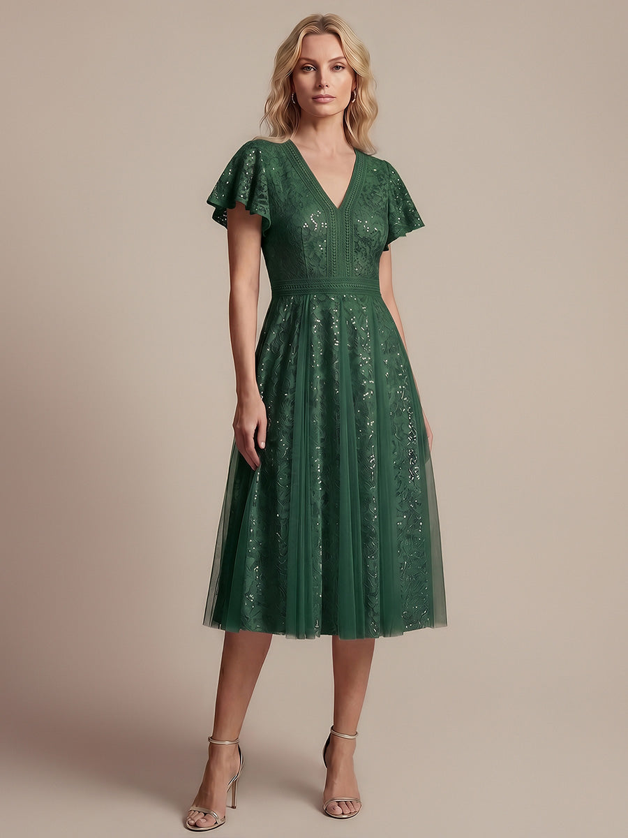Lace Ruffle Sleeve A-Line Wedding Guest Dress #color_Dark Green